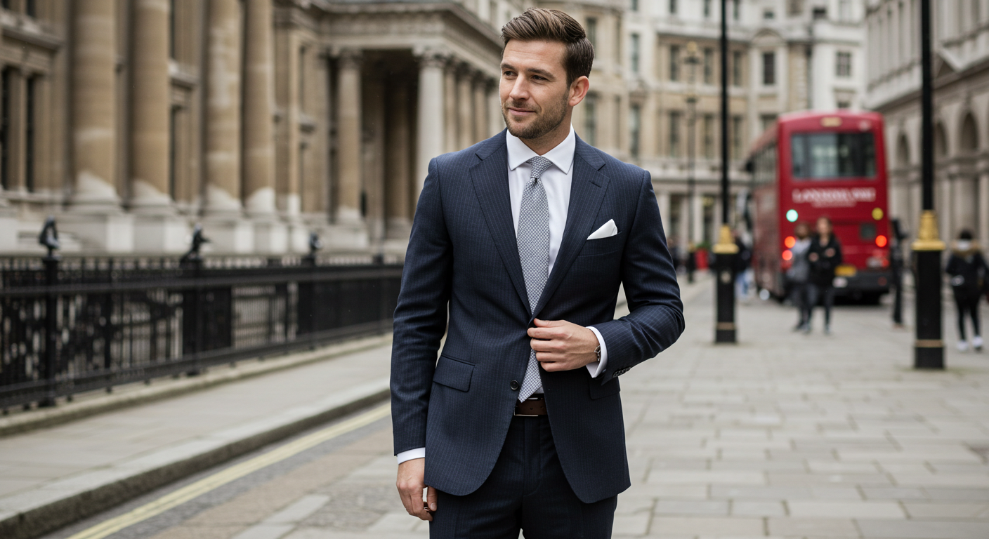 Man wearing classic British dapper style navy pinstripe suit with white pocket square and black Oxford shoes on London street demonstrating traditional men's fashion