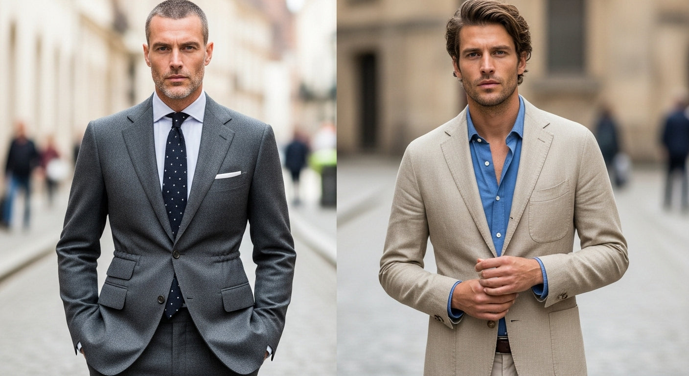 British vs Italian tailoring comparison showing structured suit jacket construction differences, bespoke suits craftsmanship details, menswear history traditions, sartorial style variations between Savile Row and Neapolitan tailoring methods