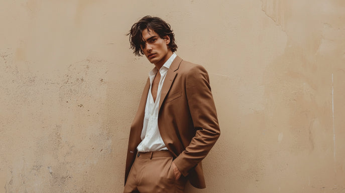 Man wearing tailored medium brown wool suit showing natural shoulder construction and classic fit, demonstrating versatile business casual style for modern professionals