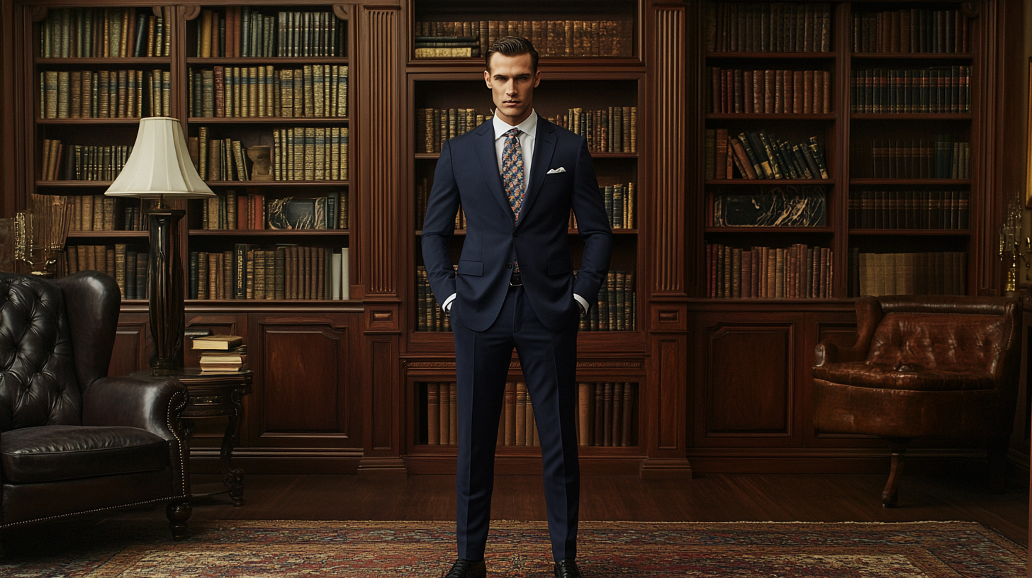 Male model wearing a classic navy suit with a white dress shirt and patterned tie, showcasing timeless wardrobe investment pieces.