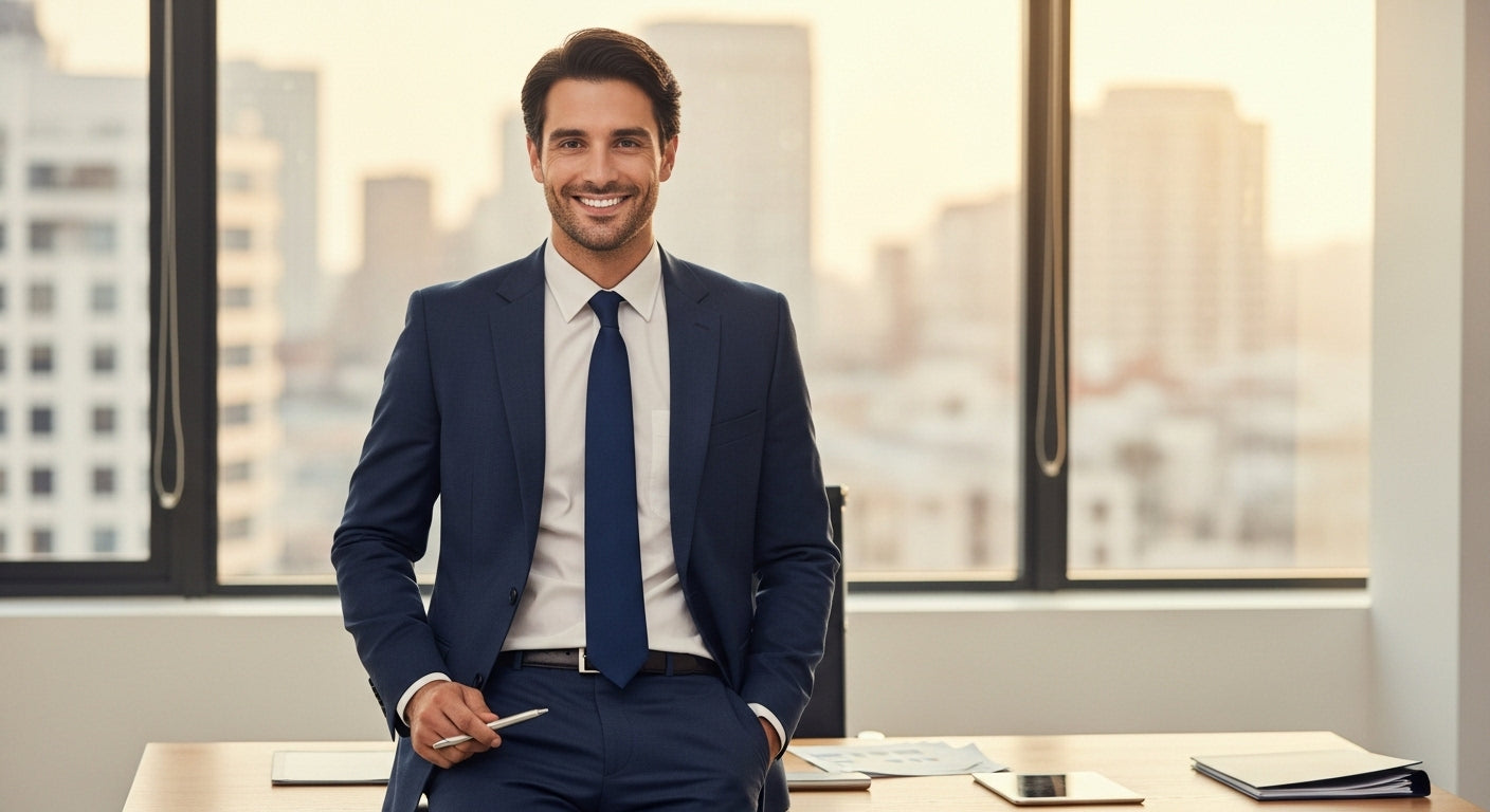 Business formal dress professional attire featuring conservative navy business suit with matching tie for modern workplace environments and men's business fashion requirements