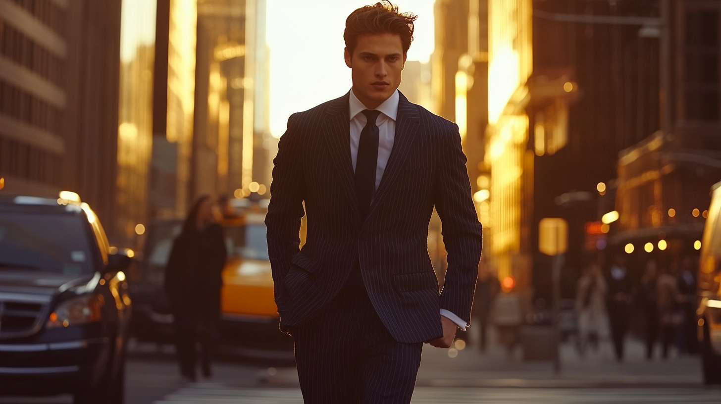 Professional man wearing tailored navy pinstripe suit walking confidently through urban business district demonstrating perfect suit fit and morning commute style