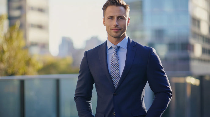 Confident businessman in tailored navy suit standing against urban cityscape backdrop