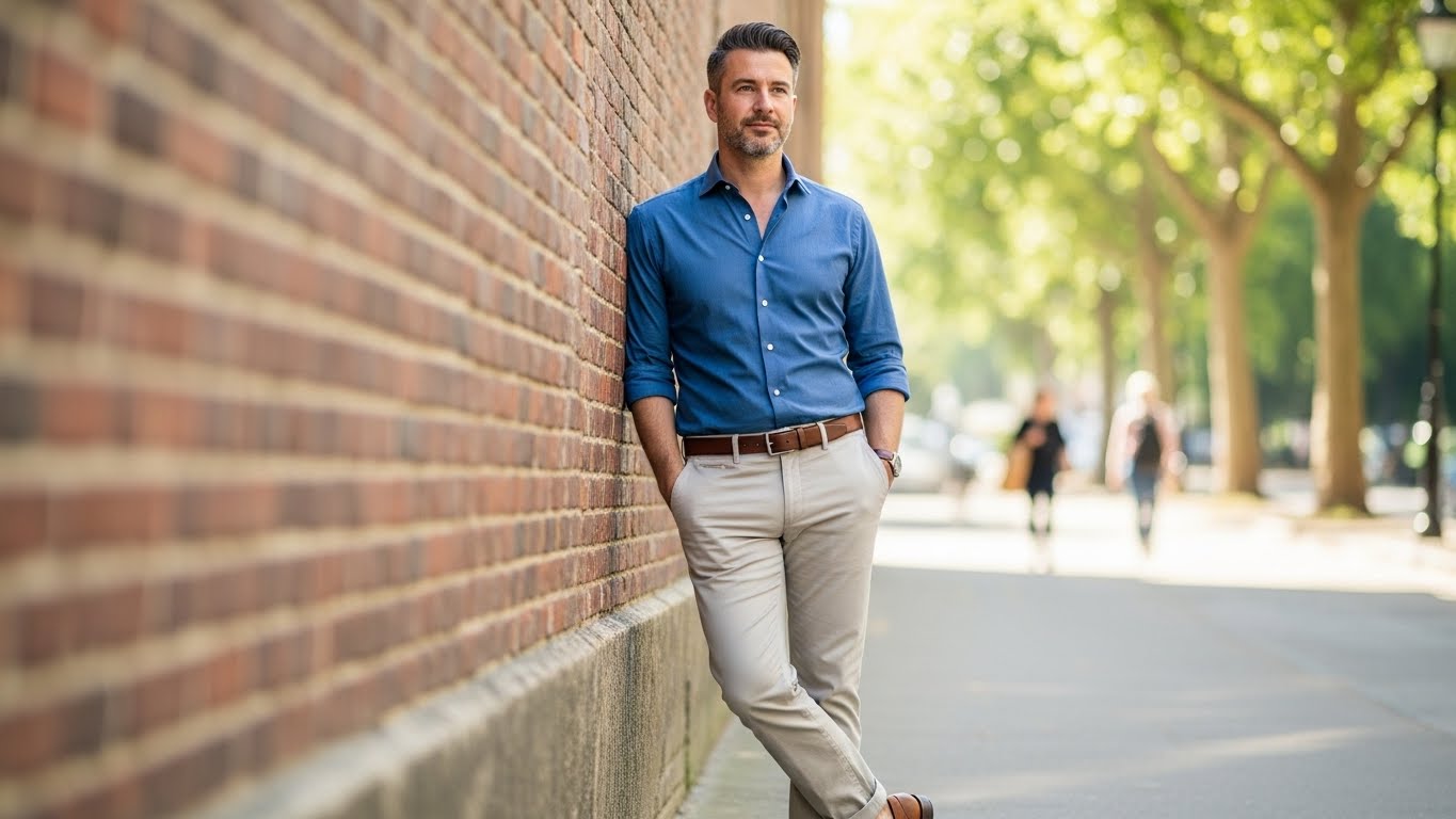 Casual style for men over 40 featuring timeless wardrobe essentials including well-fitted chinos structured cotton shirts refined casual wear elevated basics for mature men's fashion demonstrating proper fit and proportion for men's style after 40