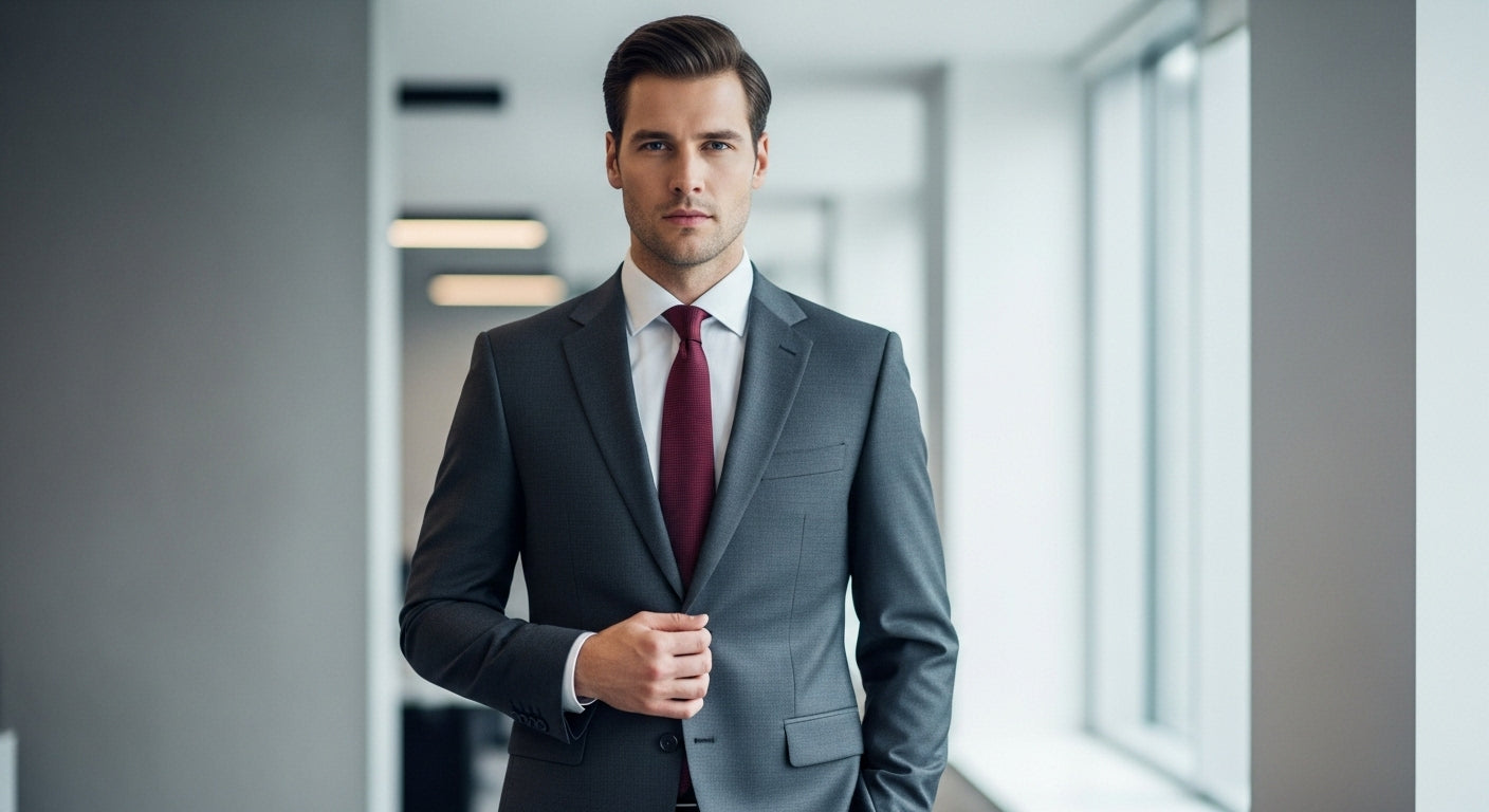 Male model wearing perfectly fitted charcoal gray suit with white dress shirt burgundy tie demonstrating affordable mens style transformation proper suit fit shoulder chest measurements