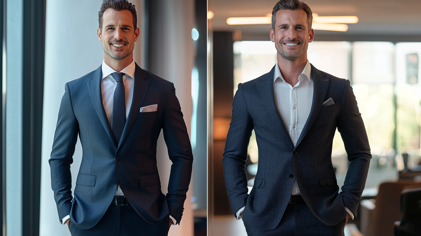 Two businessmen wearing custom tailored suits with peak and notch lapels in modern office setting