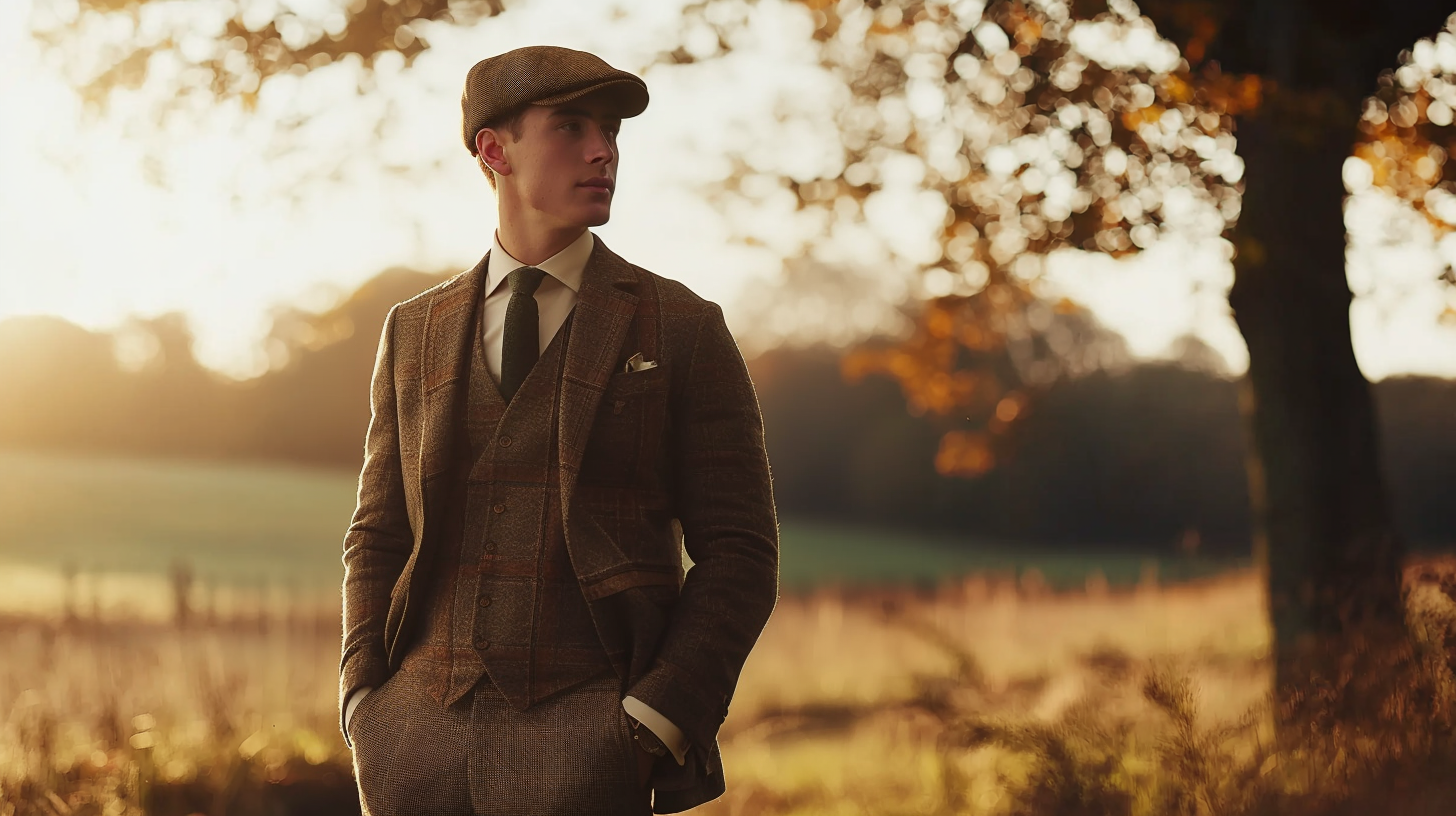 Distinguished man in tweed jacket and cap showcasing classic English country style against backdrop of rolling hills and oak trees at sunset