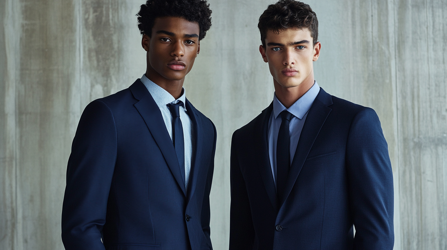 Comparison of classic style navy wool suit with proper proportions alongside trendy fast fashion slim suit showing quality differences in timeless menswear versus disposable clothing trends.