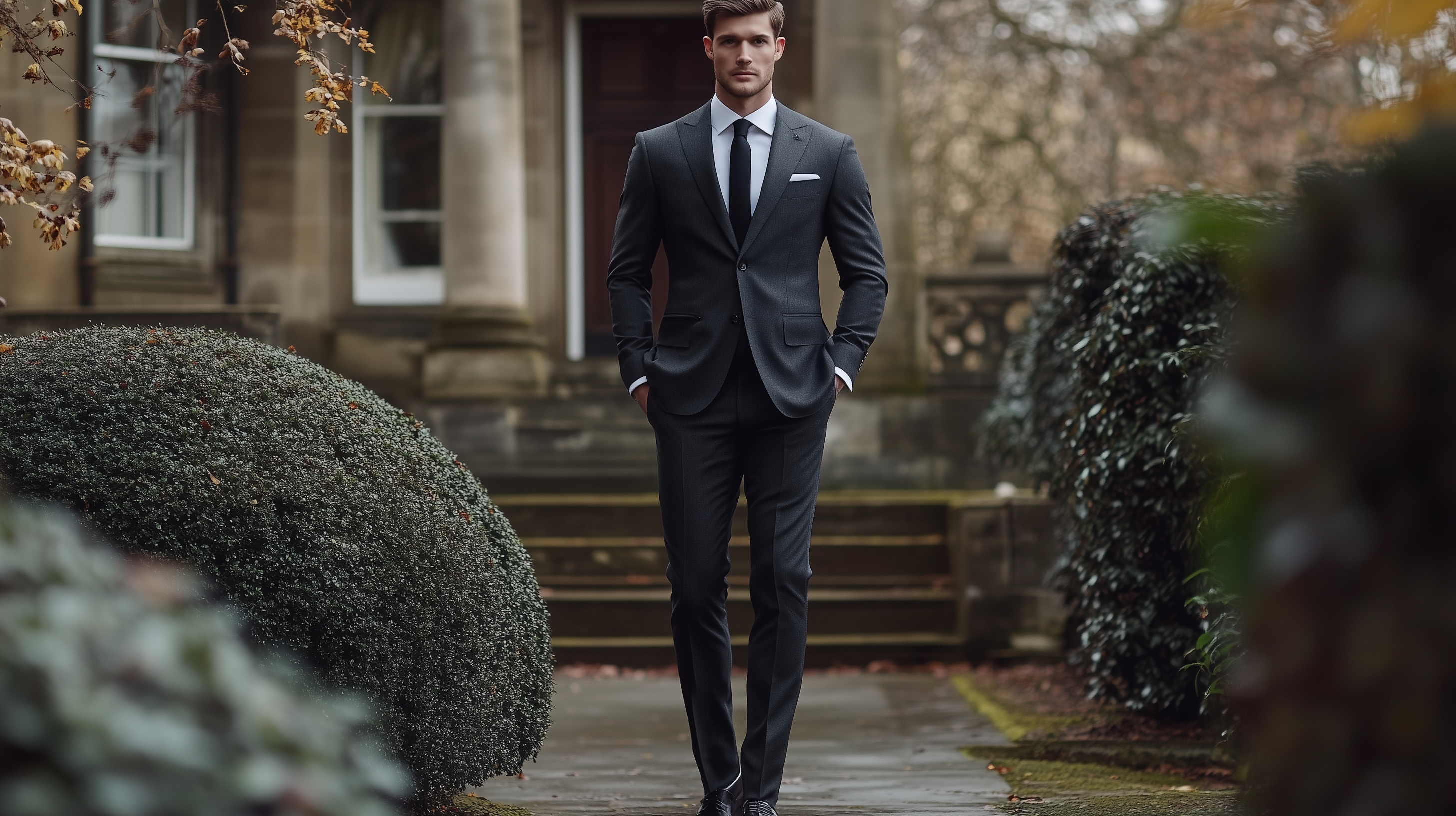 Classic fit charcoal grey wool suit demonstrating traditional tailoring proportions with proper shoulder fit and jacket drape on male model in natural stance