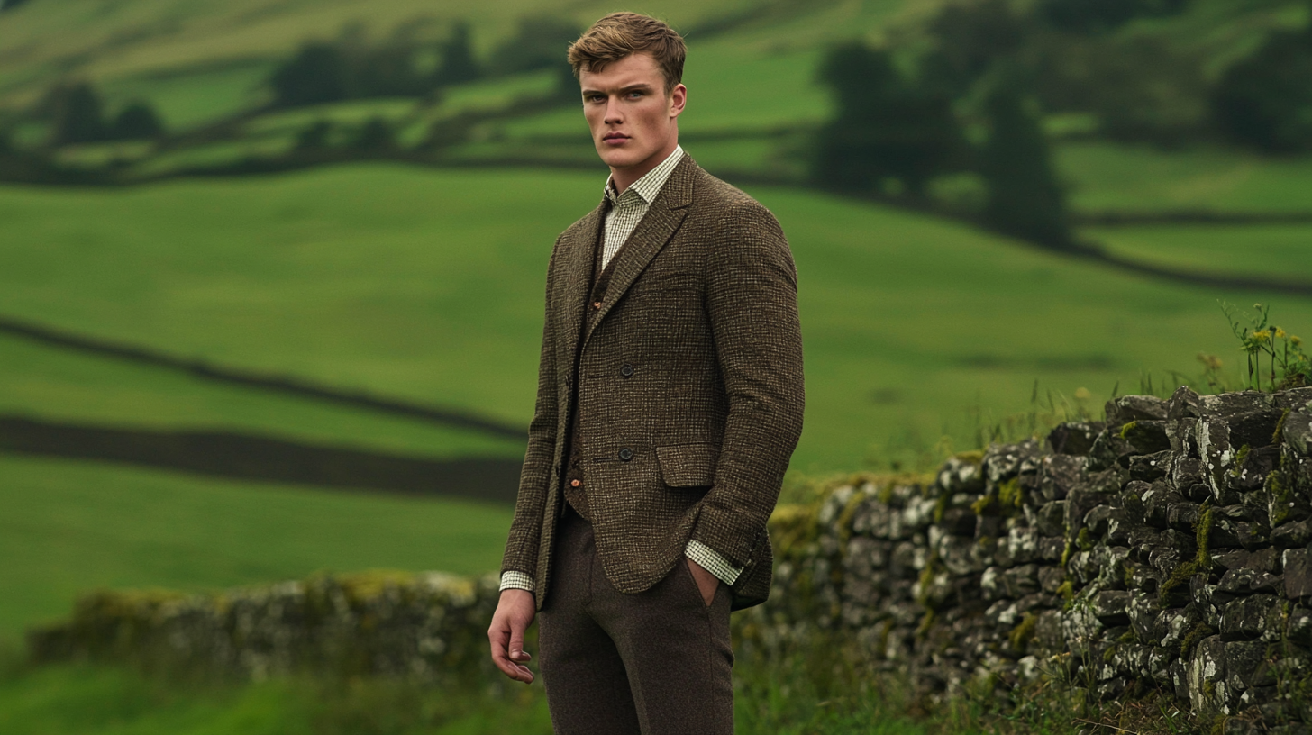 model wearing traditional brown herringbone tweed jacket in rustic countryside setting, showcasing timeless appeal of custom tweed sport coats