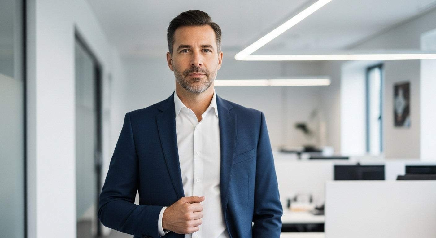 Confident businessman over 40 wearing navy suit white dress shirt modern office professional style men's fashion transformation