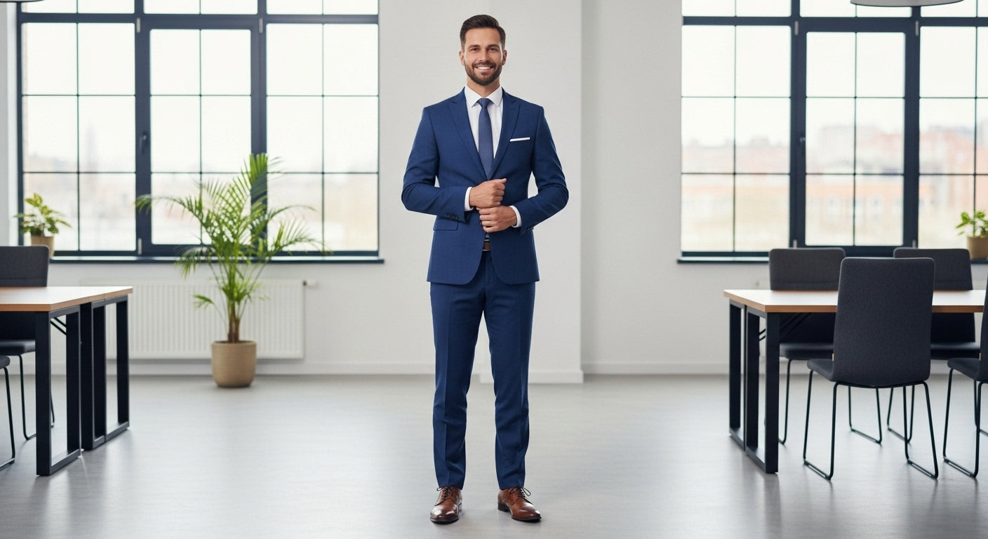 Confident businessman wearing well-fitted navy blue suit in modern office showing mental health benefits of dressing well for professional men
