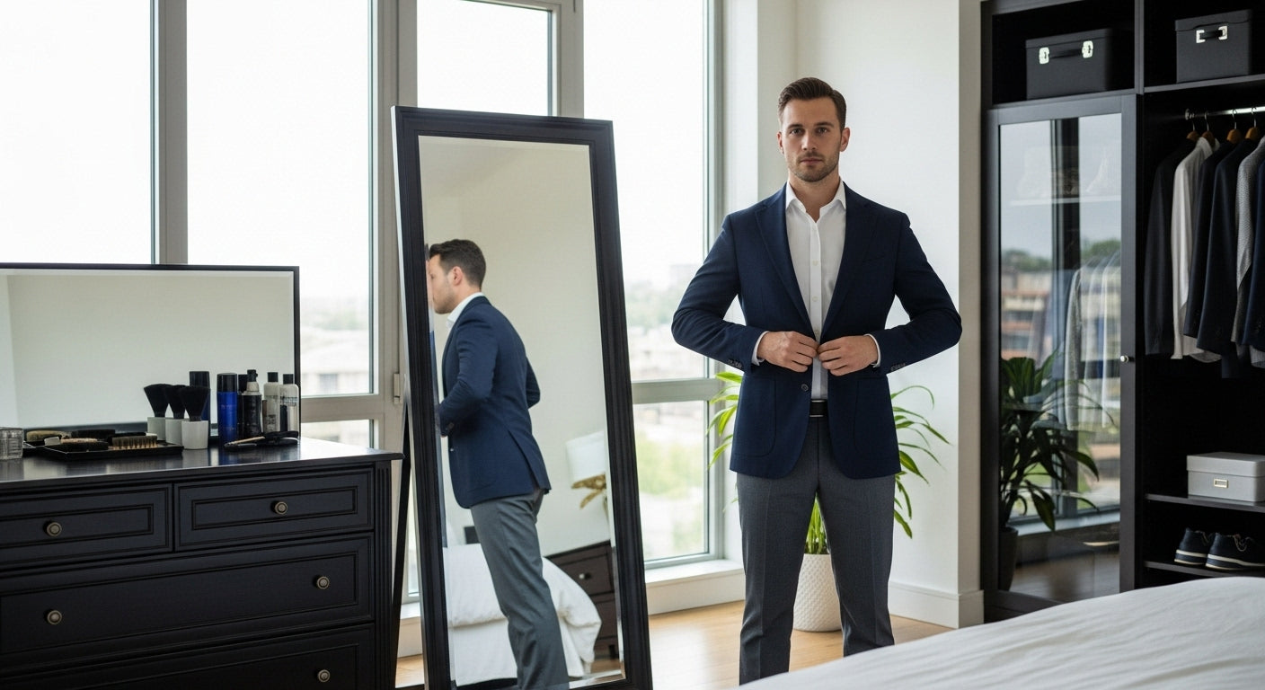 Professional man adjusting navy sports jacket in front of bedroom mirror showing men's style confidence workplace fashion morning routine dressing well work attire business casual