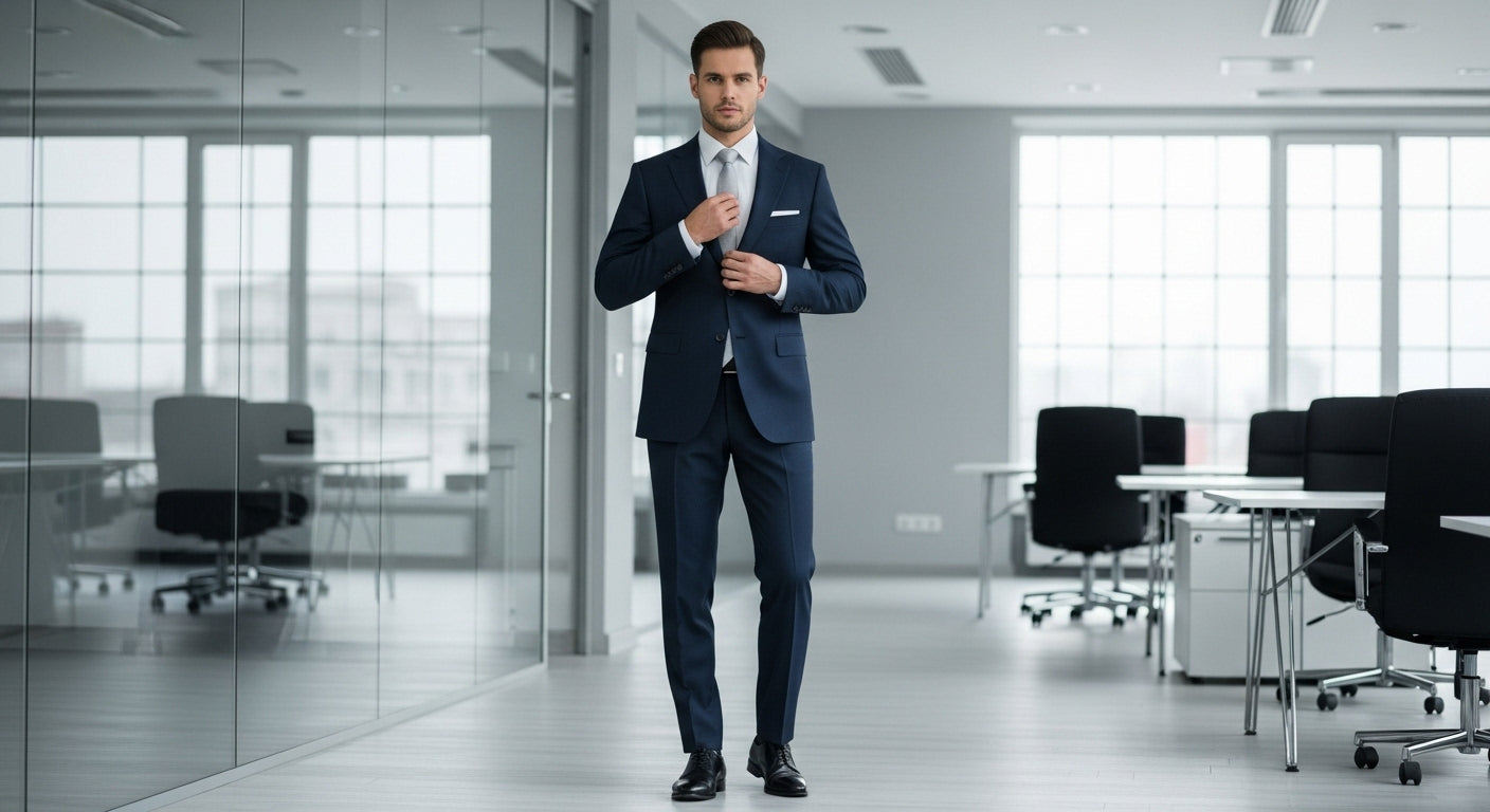 Dressing well professional success navy wool suit businessman office environment confidence building men's style first impressions sartorial excellence white dress shirt polished black oxford shoes