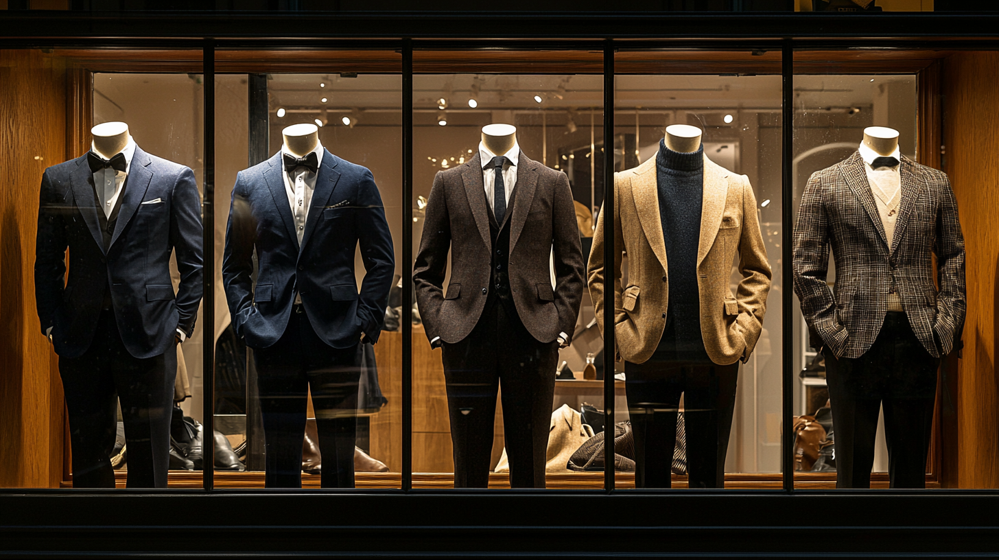 Five mannequins displaying essential men's wardrobe pieces in a store window