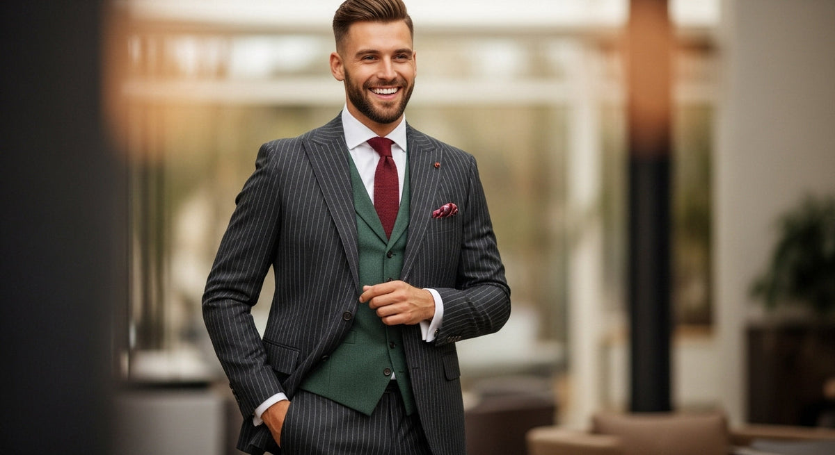 what should a man wear to match a green dress Dark Green One-Button Prom Suit with Black Peaked Lapel
