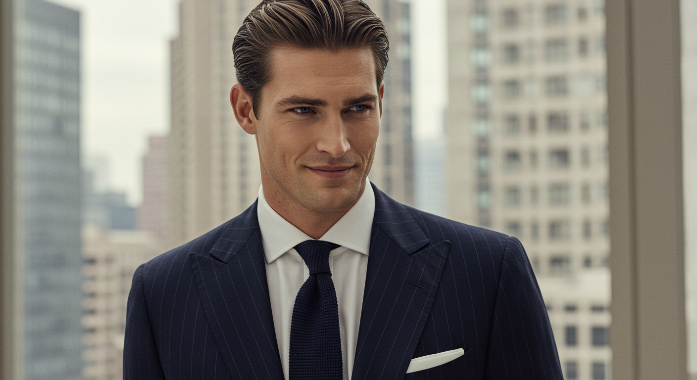 Male model wearing Gordon Gekko inspired navy pinstriped suit with peak lapels and contrast collar shirt demonstrating classic Wall Street power dressing style from the 1987 film
