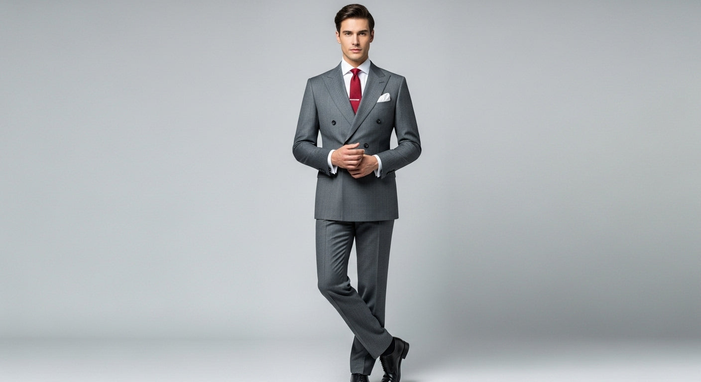 Gray double-breasted suit styling for men showcasing classic menswear wardrobe staple with formal and casual outfit combinations for business and modern dress codes featuring tailored fit peaked lapels structured shoulders