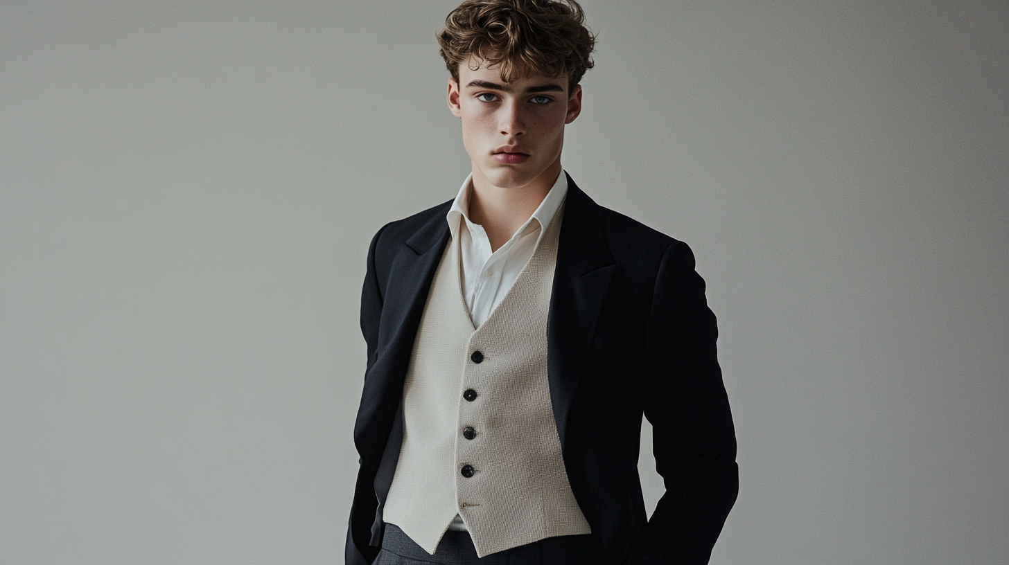 Light beige textured waistcoat paired with black morning coat and tailored trousers for formal occasions menswear style