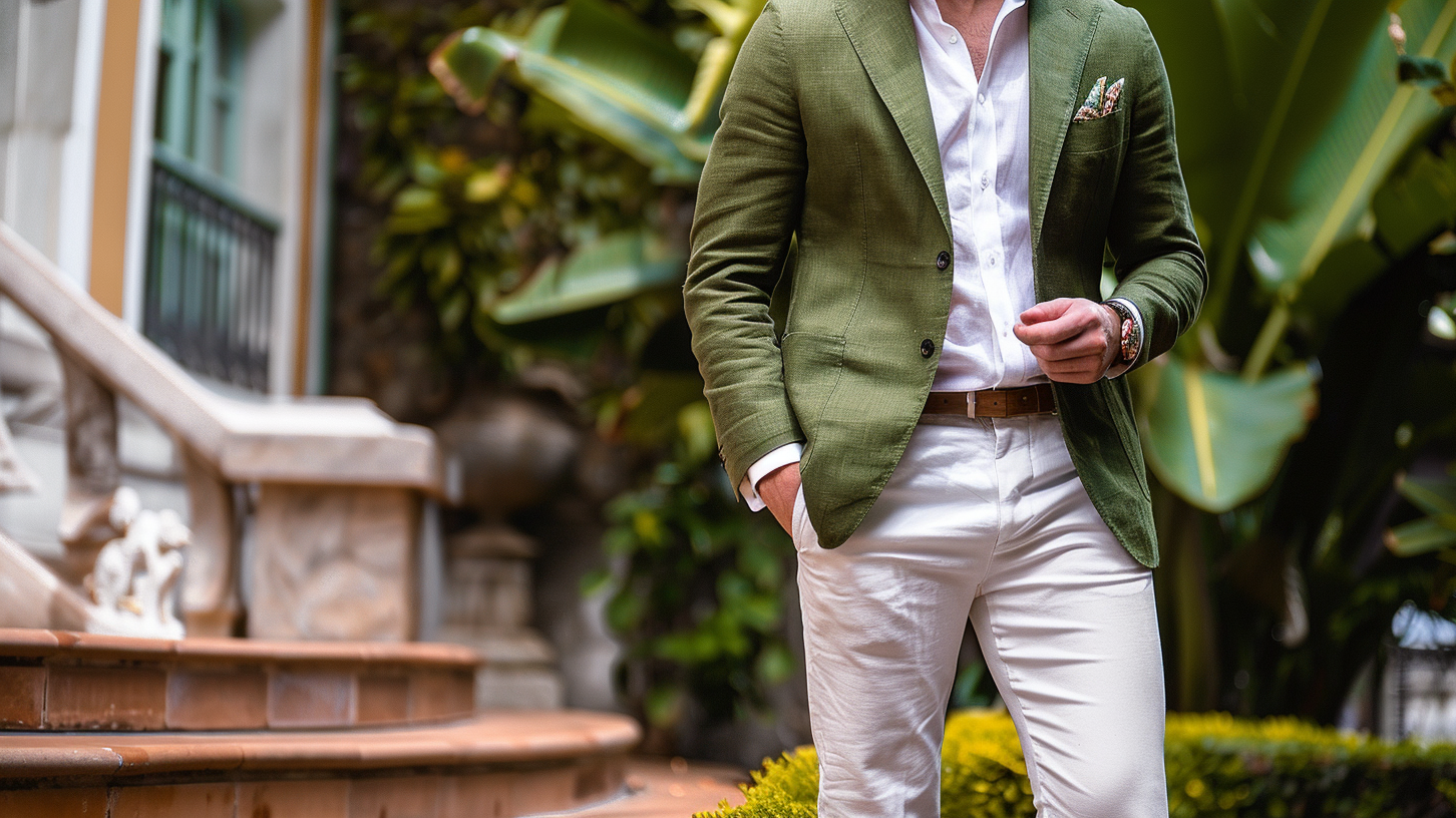 Man wearing a green hopsack blazer paired with white chinos and brown loafers, standing in an outdoor setting