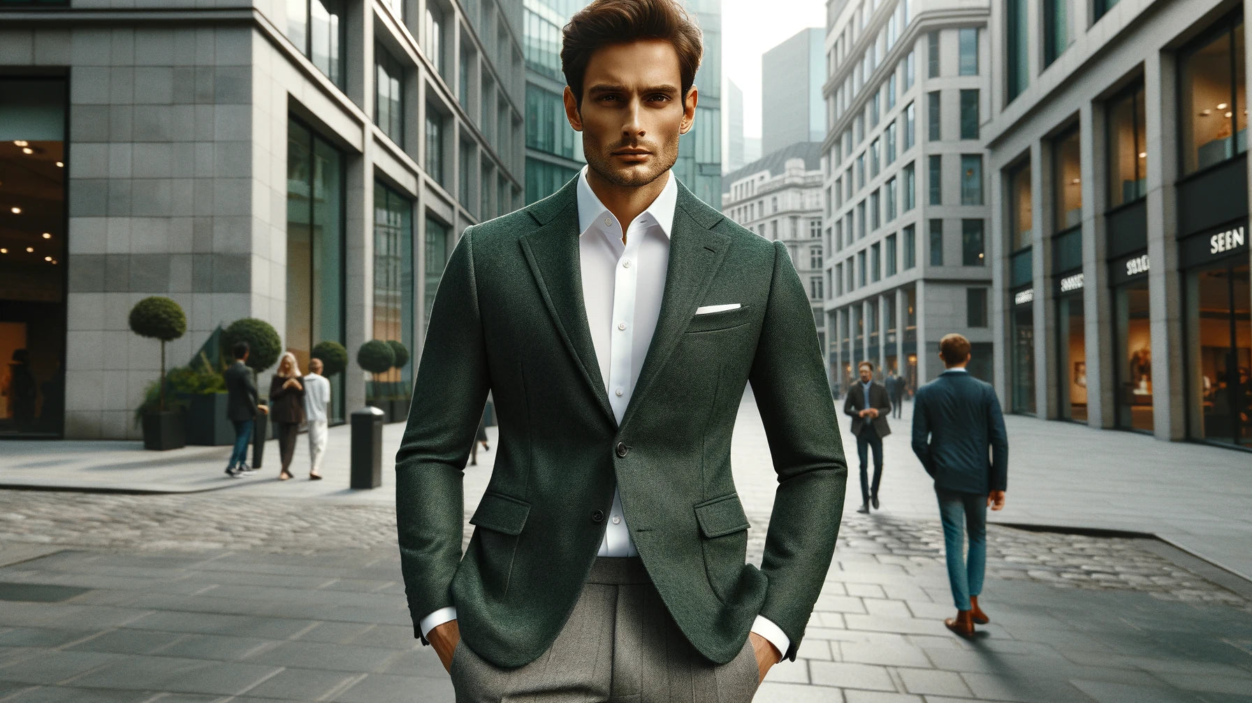 Formal style with a green jacket, blue shirt, and grey flannel trousers