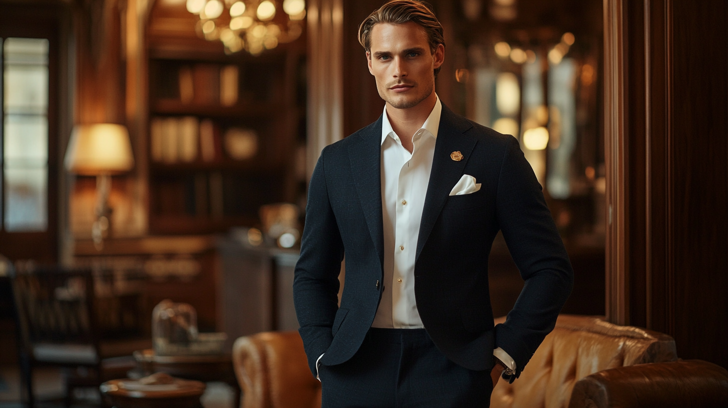 A male model wearing a navy suit with a white pocket square, standing in a vintage-inspired room with wooden furniture and warm lighting, showcasing the evolution of pocket squares in men’s fashion.