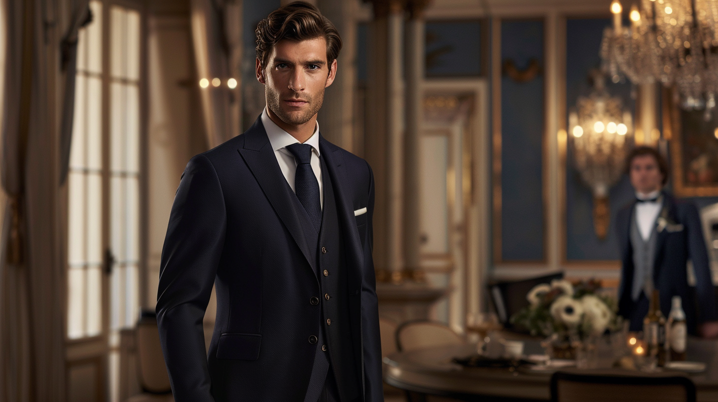 A man wearing a dark navy blue suit at a formal wedding event with elegant decorations and soft lighting in the background.