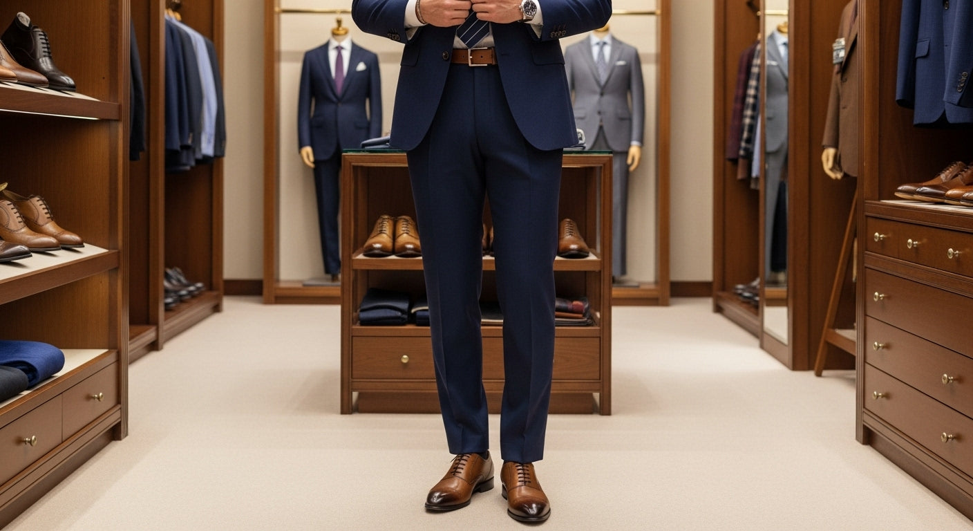 How to style shoes to your outfit demonstration with male model in navy business suit wearing brown oxford shoes showing proper footwear coordination for sophisticated menswear styling