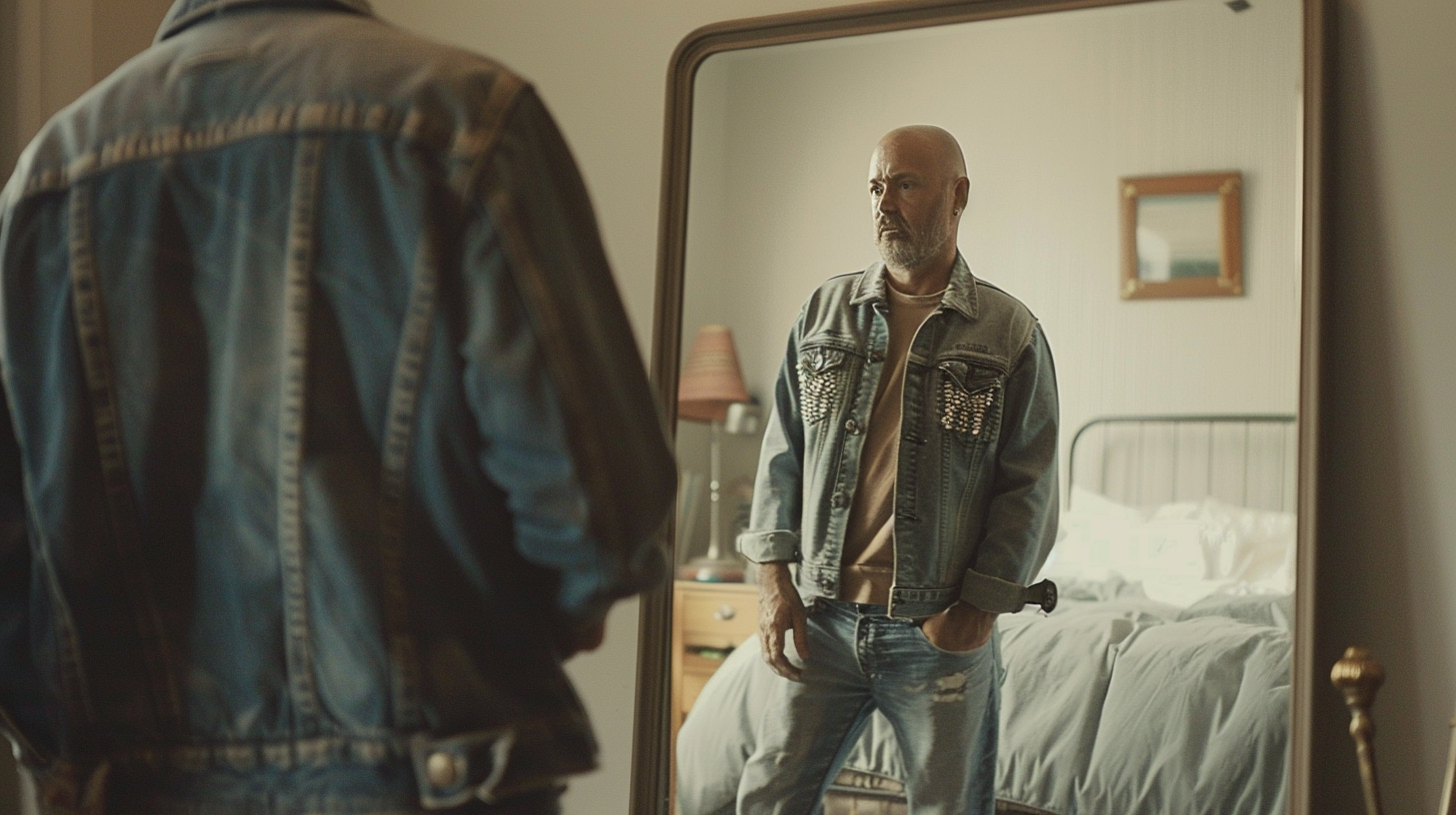 Man in mid-50s wearing outdated jeans with rhinestones standing in front of a mirror in a bedroom