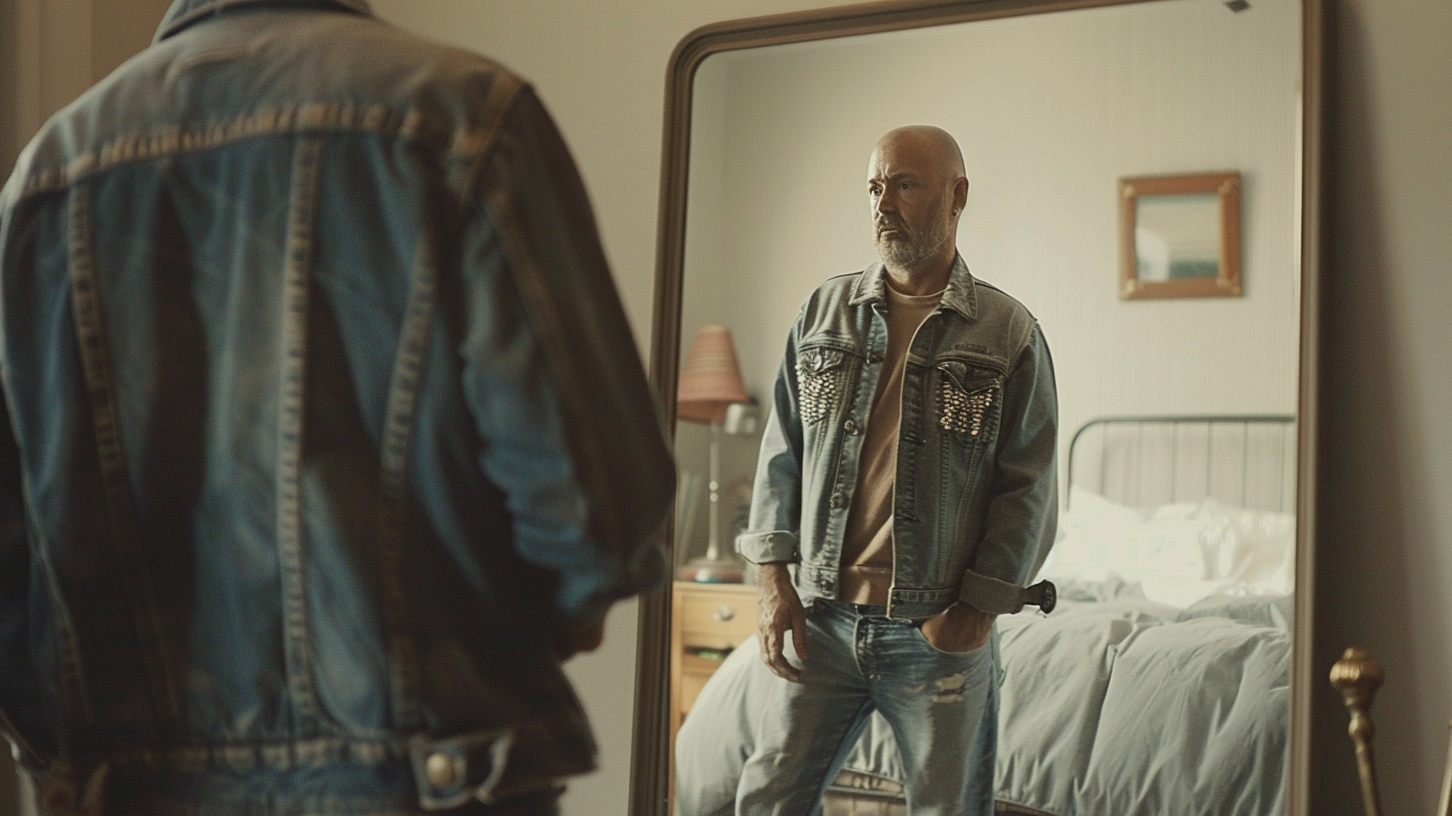 Man in mid-50s wearing outdated jeans with rhinestones standing in front of a mirror in a bedroom