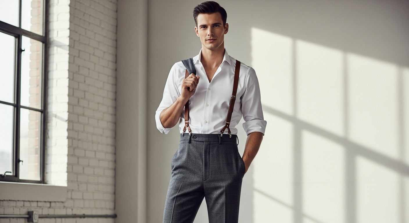 High waisted trousers for men with braces showing proper fit and slimming techniques for dressing men with a belly and creating flattering silhouettes for bigger builds