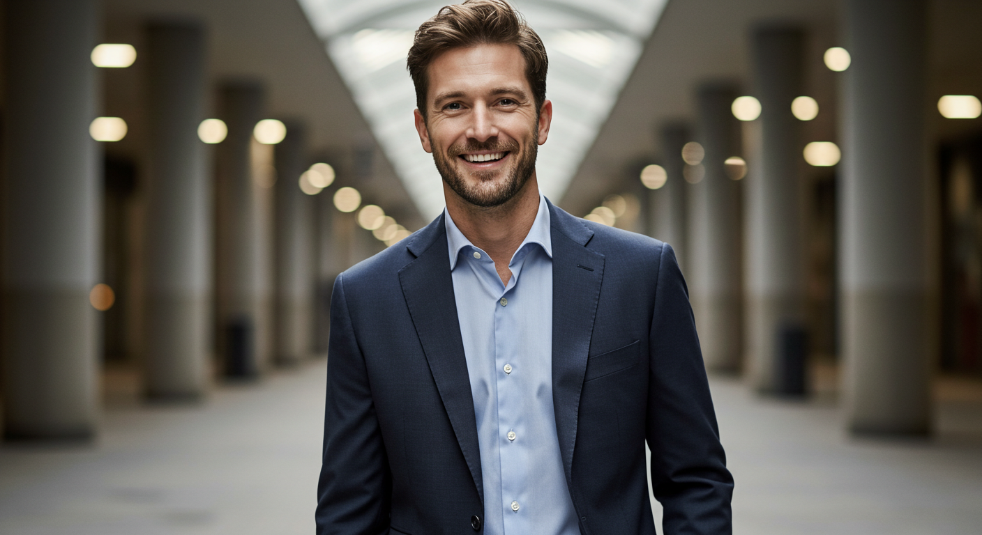 Well-dressed man in perfectly fitted navy suit demonstrating how to dress well for men without appearing overdressed, showing appropriate men's attire for various settings