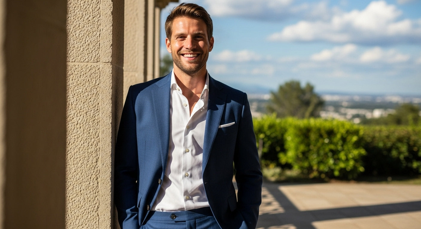 Navy hopsack suit with classic tailoring, open weave texture ideal for spring and summer wear, showcasing how a suit jacket should fit with clean shoulder lines and appropriate jacket length for men seeking to avoid common suit mistakes