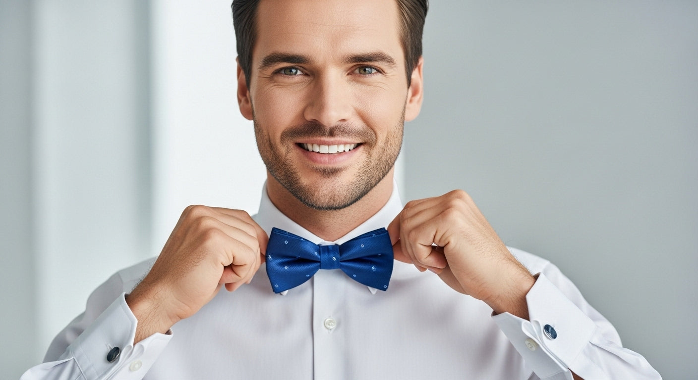 How to wear a bow tie guide showing men's formal wear neckwear styles including polka dot and patterned bow ties for smart casual outfits and black tie events