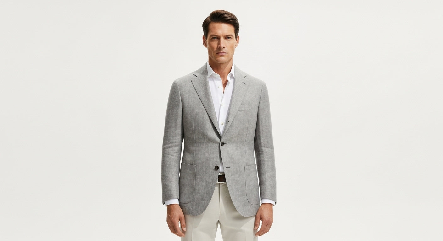 Light gray jacket summer style guide for men showing wool silk linen blend blazer with sophisticated tailoring and versatile styling options for warm weather occasions