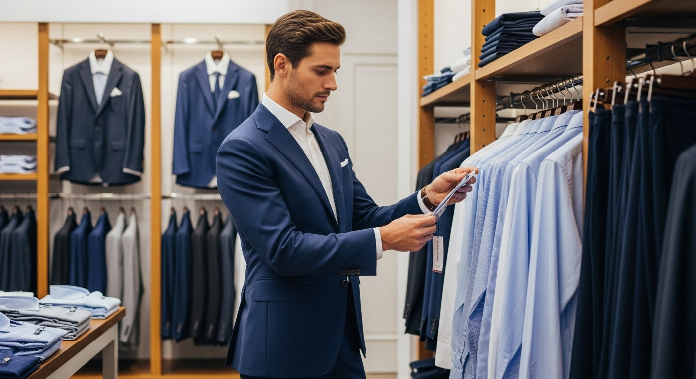 Professional man in navy blue suit examining clothing labels and fabric quality in retail store for spotting low quality clothes and bad quality garments