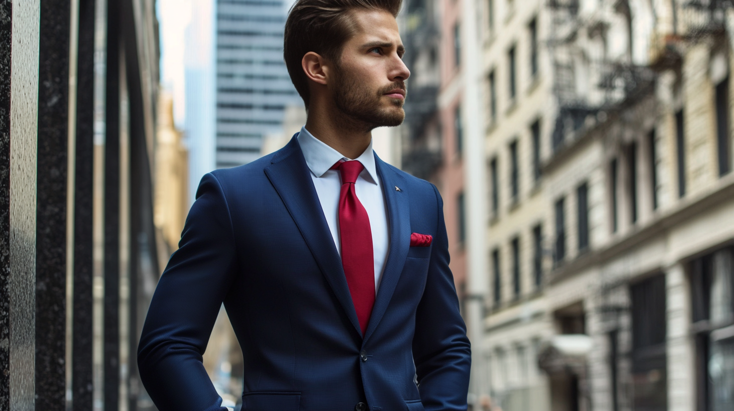 Confident businessman wearing perfectly tailored navy suit with white shirt and red tie, showcasing mature professional style