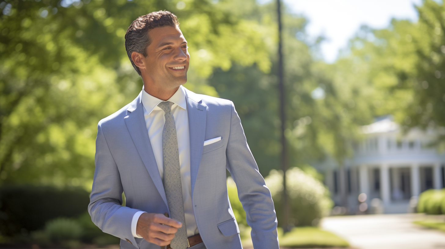 Man wearing light blue seersucker suit walking comfortably in sunny outdoor setting