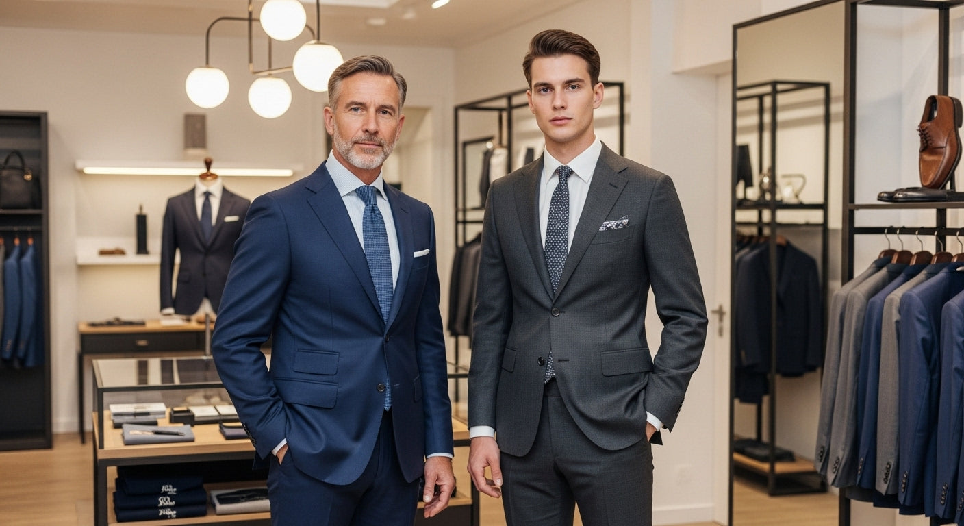 Men of different ages wearing age appropriate fashion business suits demonstrating timeless style and personal style development in professional menswear setting