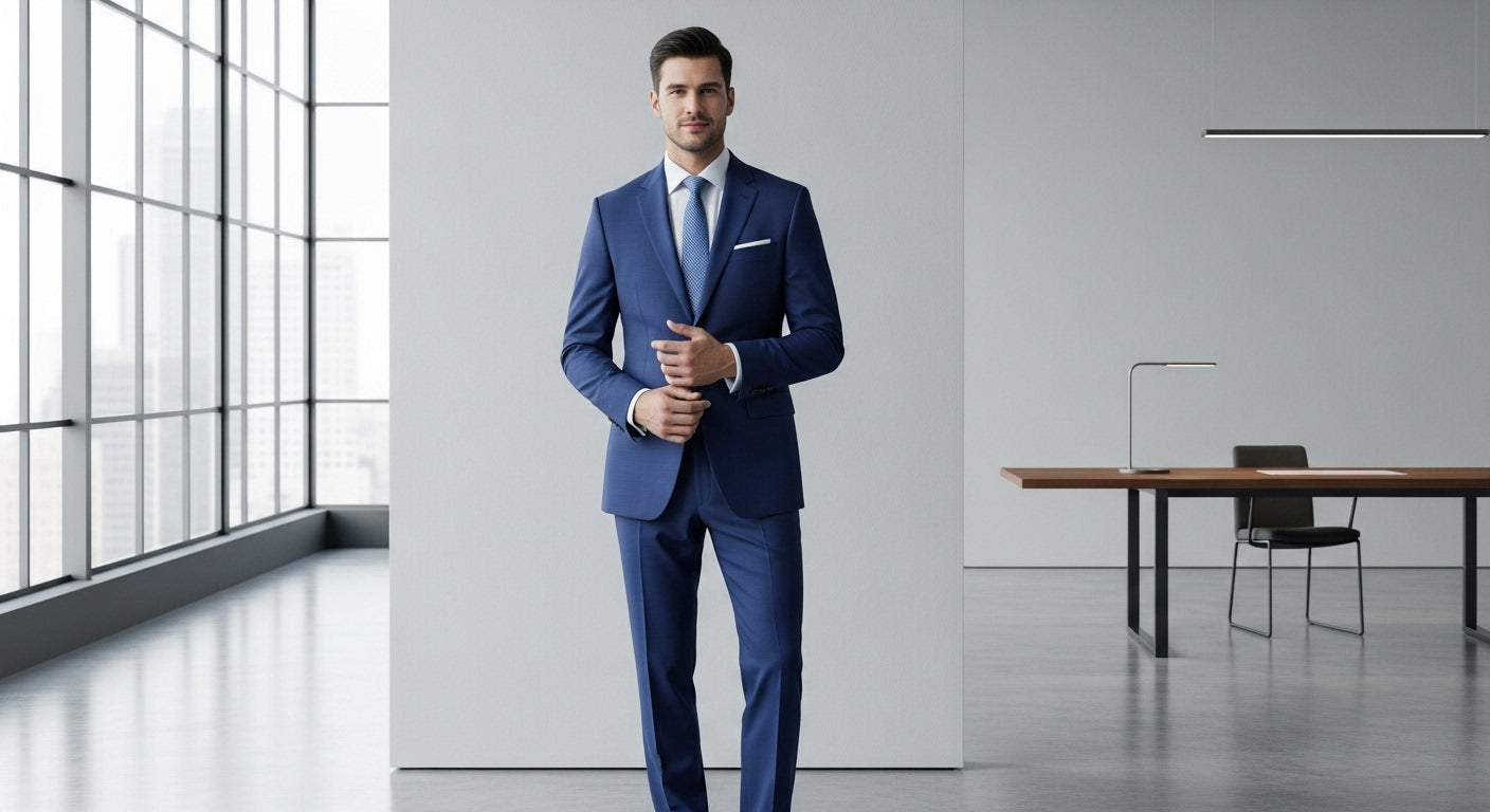 Men's proportions in fashion demonstrated by male model wearing perfectly fitted navy business suit showing ideal body type proportions and professional tailoring in modern office setting