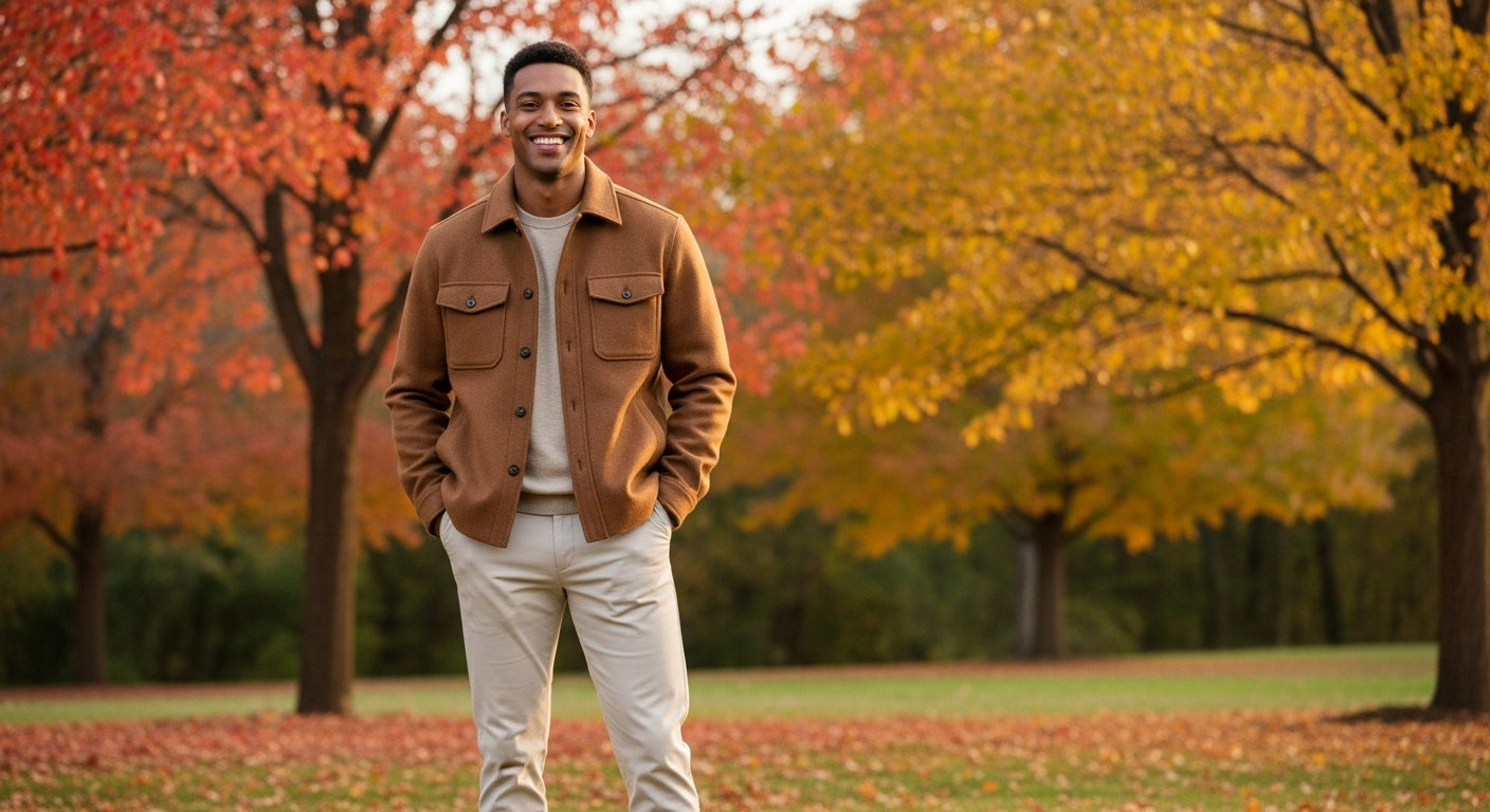 Men's autumn fashion transitional weather style featuring cream trousers caramel wool jacket layering techniques for fall menswear wardrobe essentials