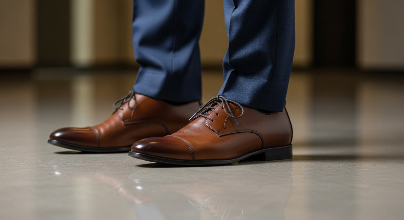 Men's dress shoe styles and colors including oxford and derby shoes in English tan chestnut brown and dark oak leather for formal business suits and casual wear