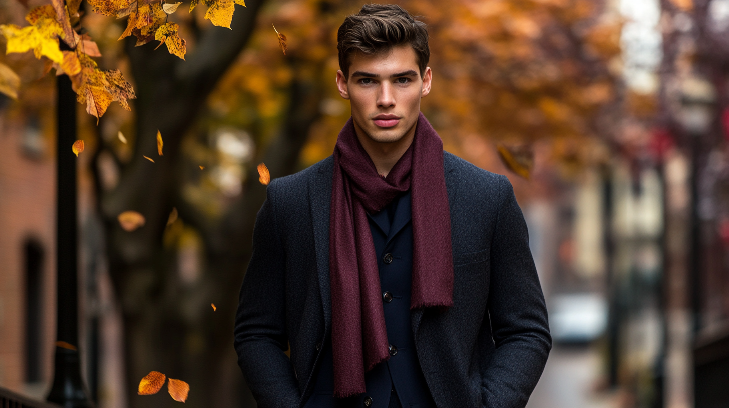 Professional male model wearing charcoal wool overcoat with navy suit and burgundy scarf, standing with arms at sides against autumn street background with falling leaves, demonstrating essential fall and winter menswear pieces