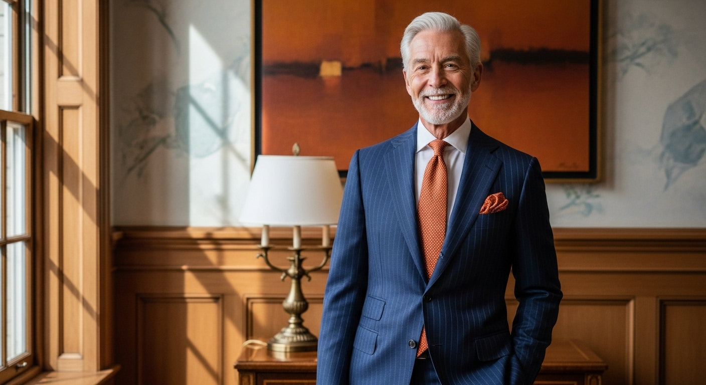 Mens fashion over 50 featuring navy pinstripe suit with autumn accessories perfect for mature men's fashion and stylish looks for older men seeking sophisticated menswear wardrobe essentials