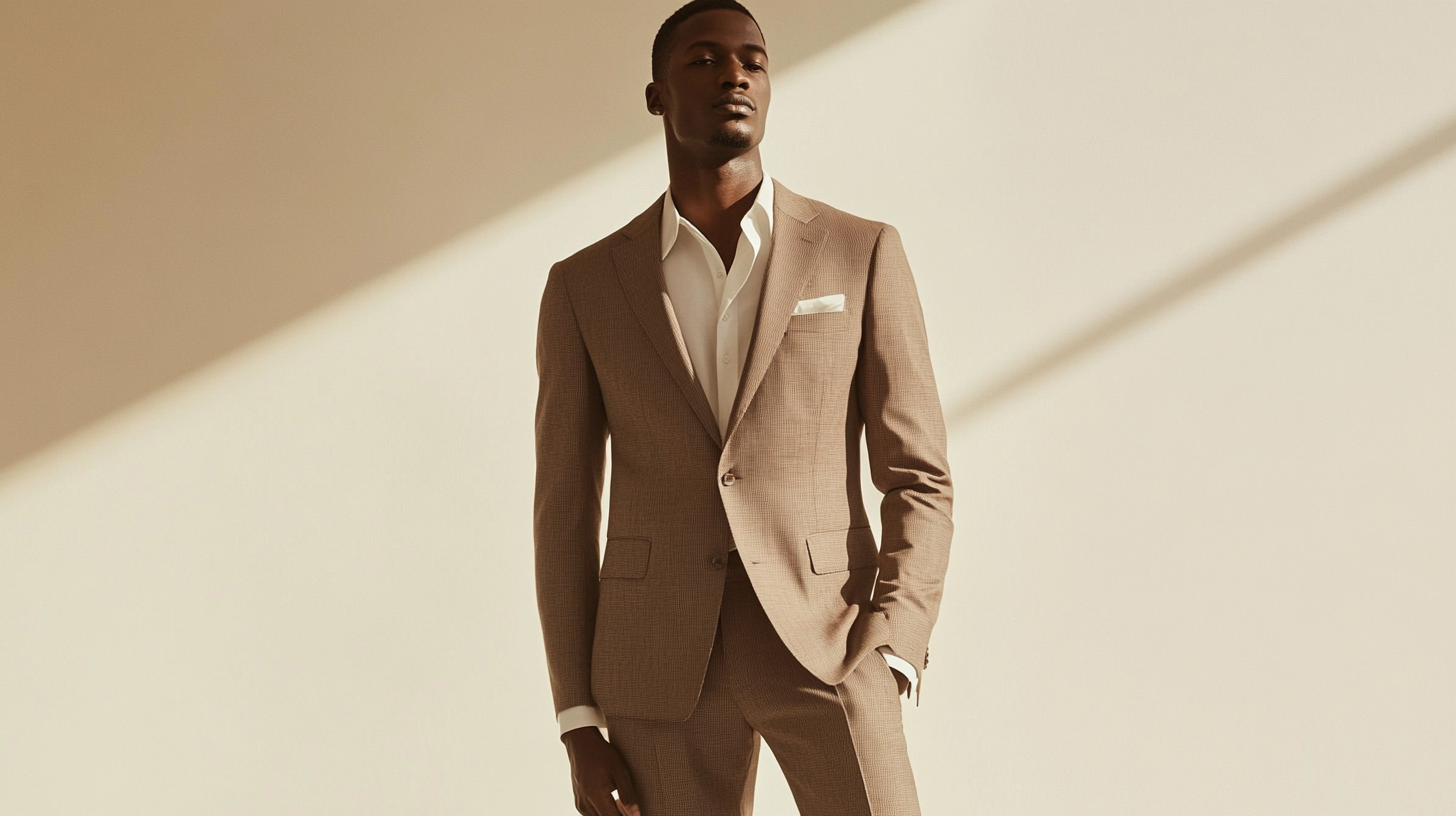 Man wearing 2025 neutral tone suit with wider lapels and relaxed fit, demonstrating current men's fashion trends in natural lighting