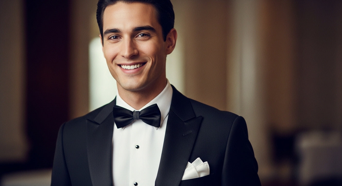 Men's formal wear guide covering tuxedo dress codes, lapels, accessories and black tie rules