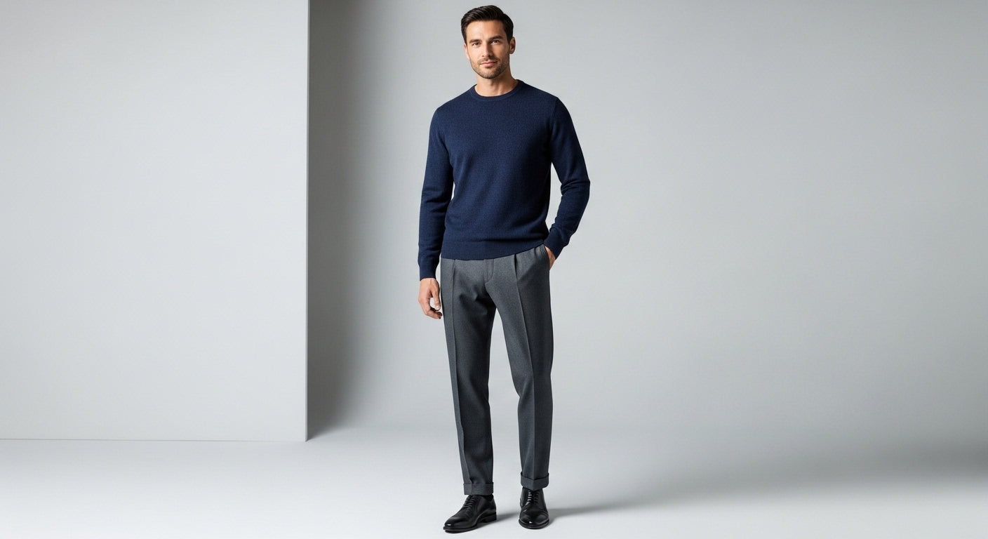 Men's knitwear style options with dress trousers and tailored clothing