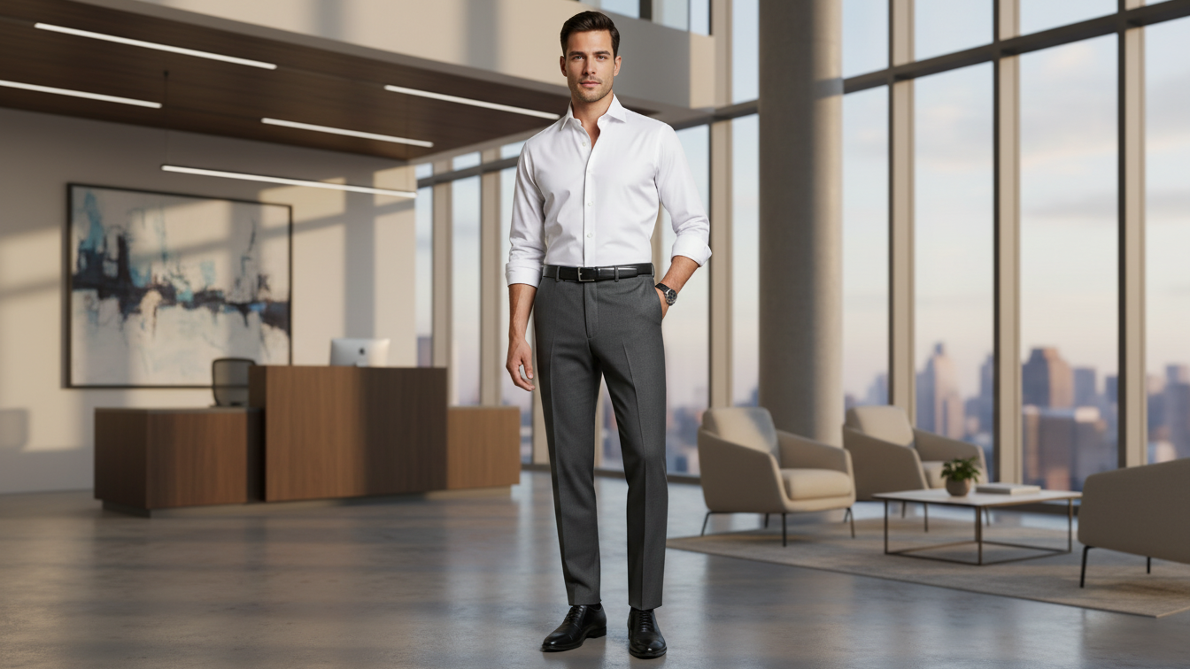 Men's pant styles including chinos, trousers, jeans, and formal pants displayed