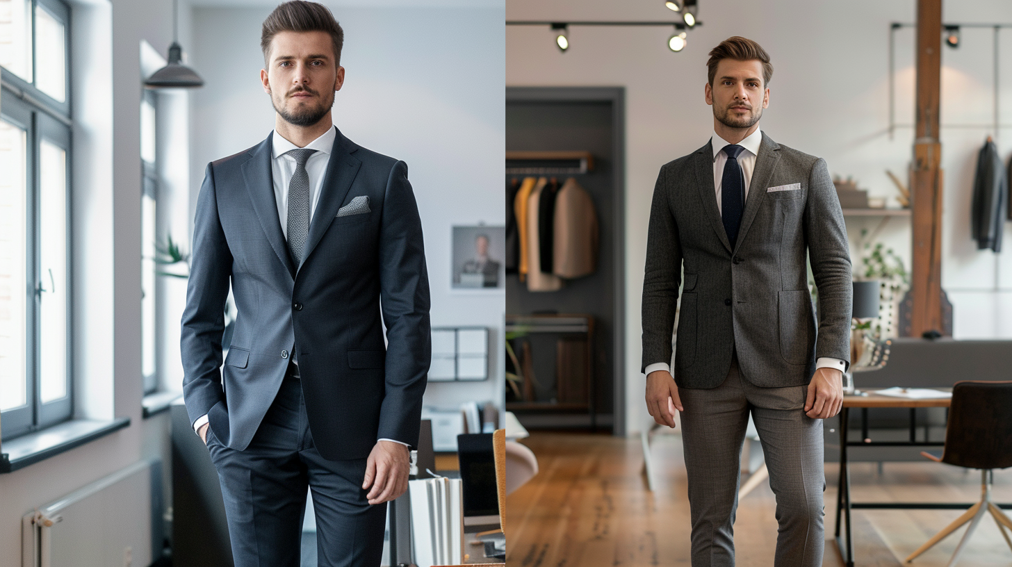 Comparison of traditional and modern professional men's outfits showcasing evolving workplace style