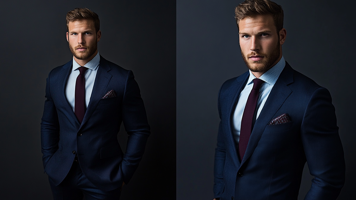Men's style transformation showing basic versus enhanced outfit choices, navy suit styling with proper accessories and pattern combinations